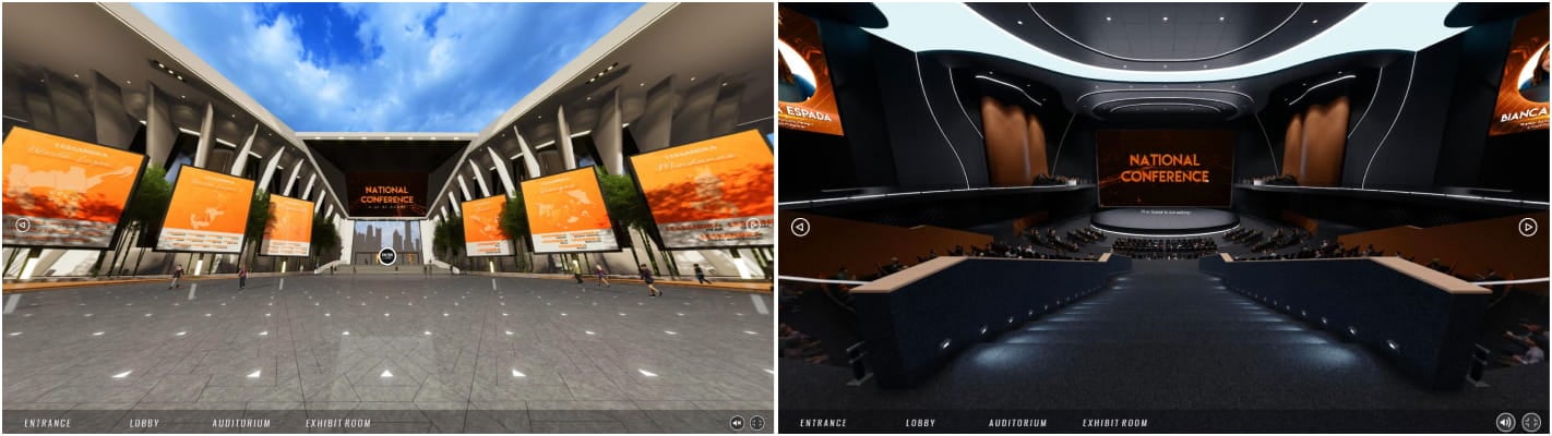 Lessandra NATCON VPortal: [Left] Virtual Entrance; [Right] Auditorium