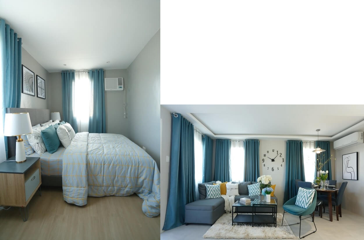 Sample home interiors: bedroom (left) and living area (right)